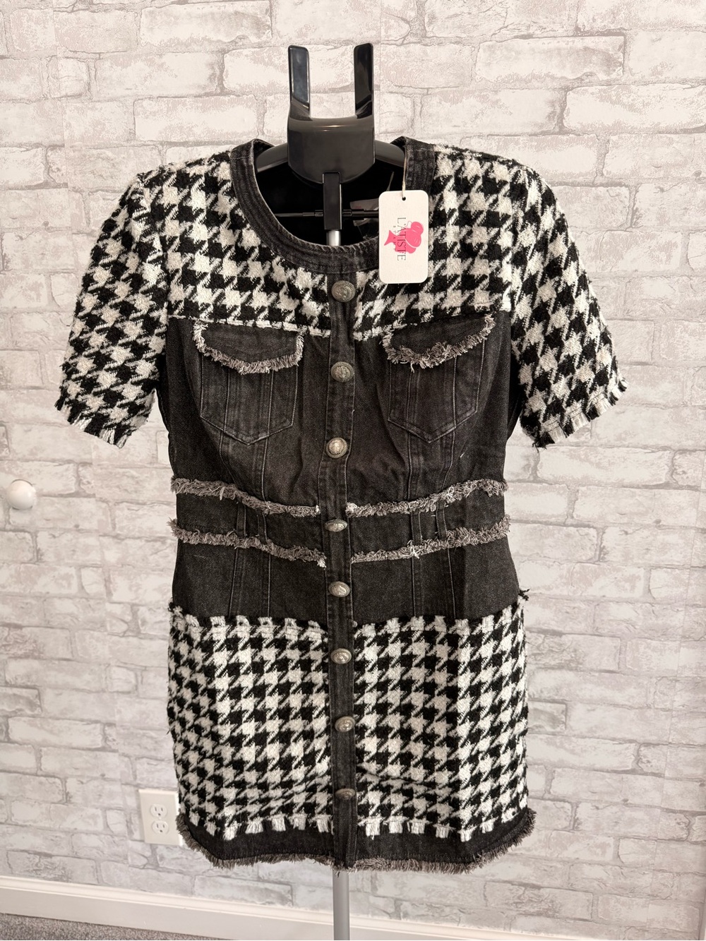 L’atiste Black & White Houndstooth Short Sleeve Tweed Jacket Dress